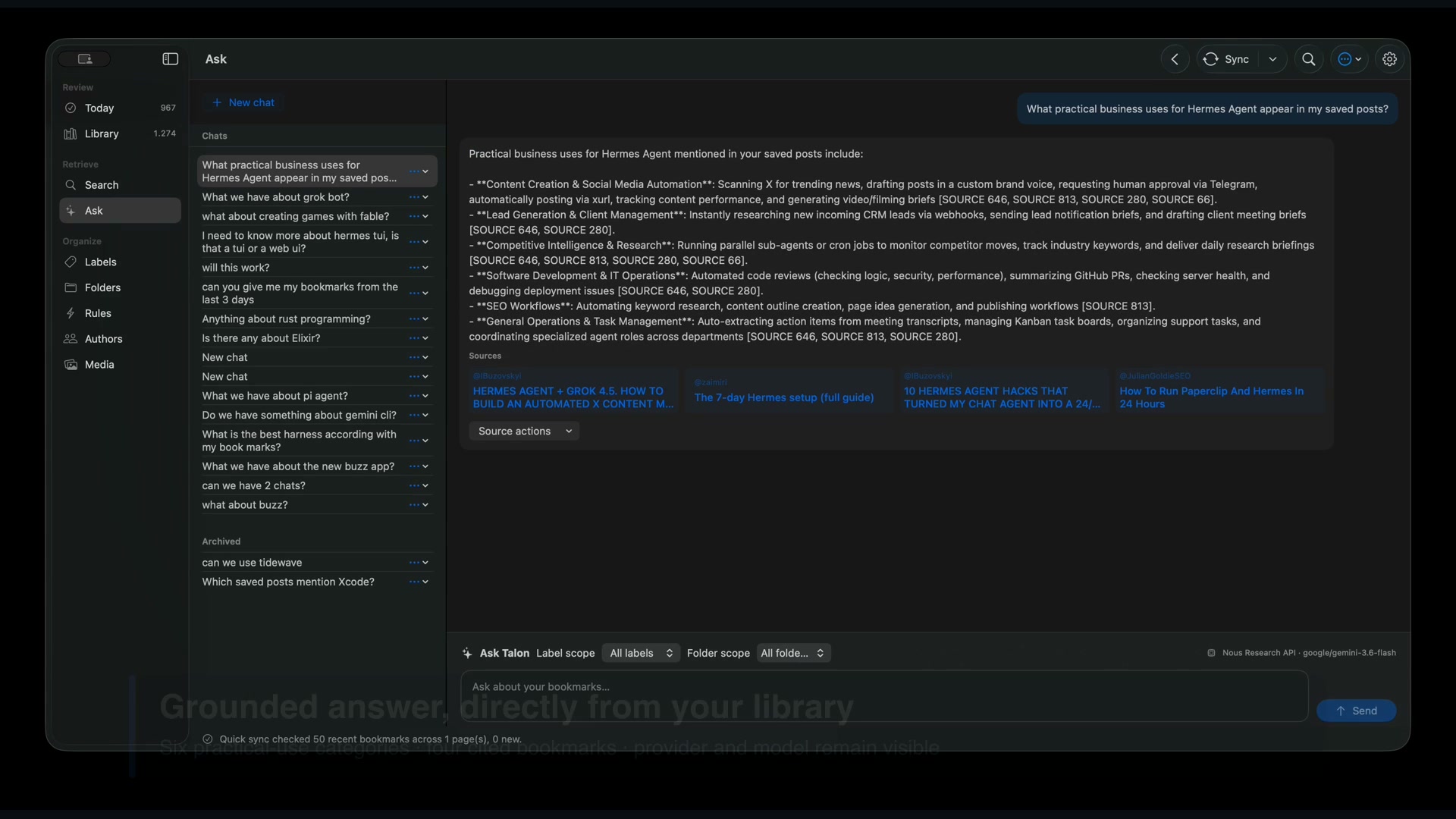Talon Ask showing a completed answer with source citations from saved bookmarks