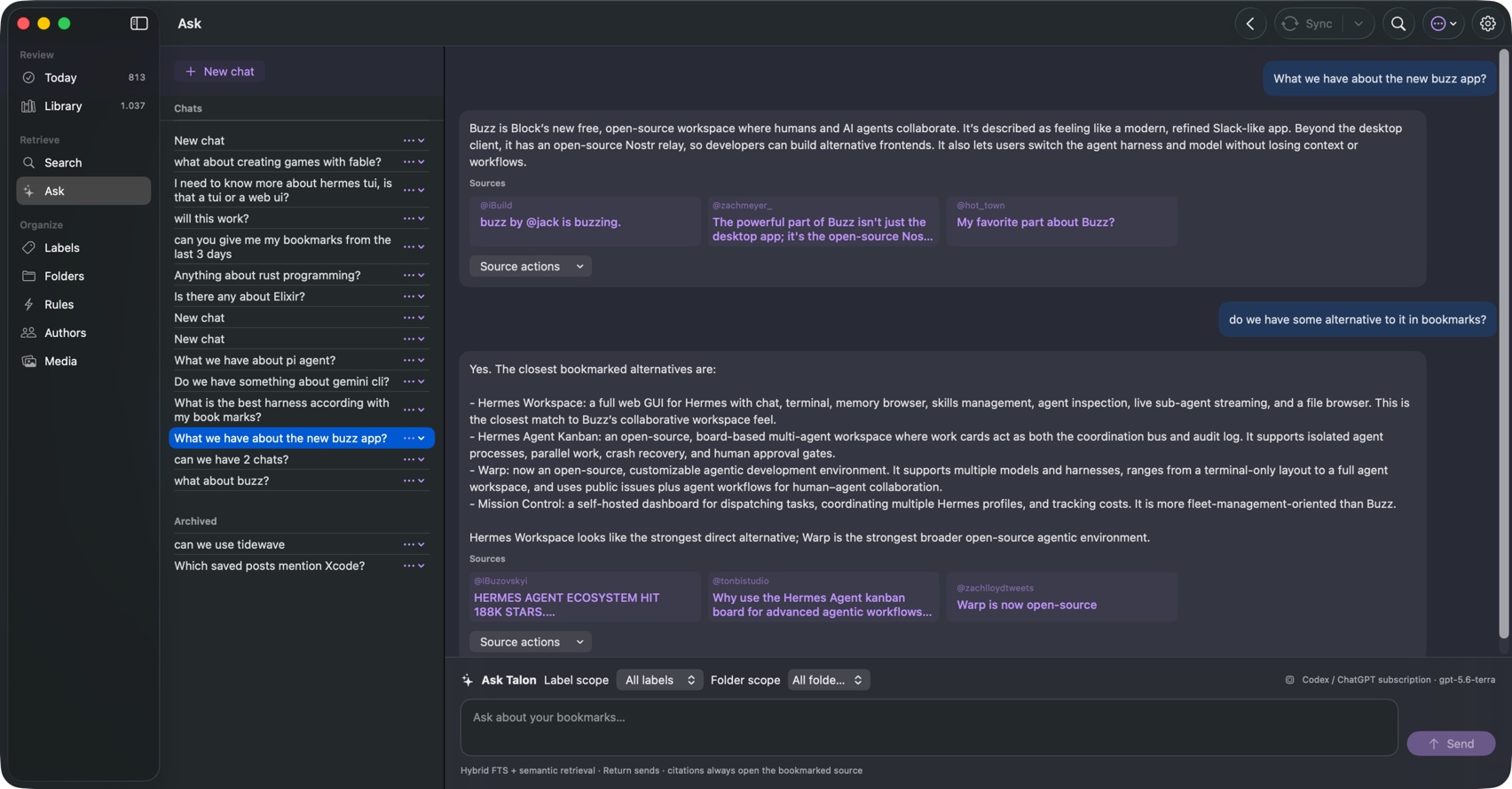 Talon Ask workspace with many independent threads and two completed cited question and answer rounds