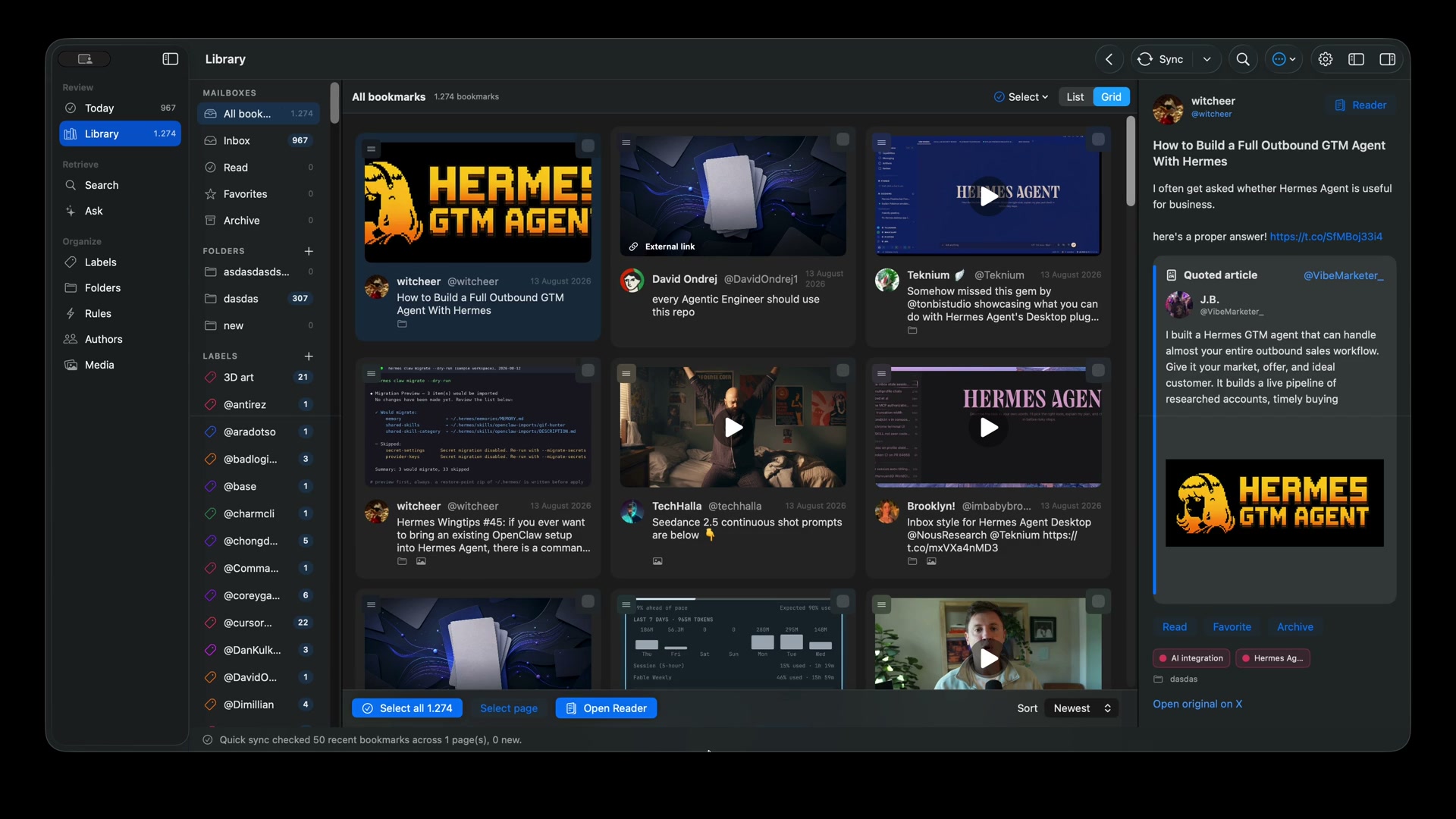 Talon for Mac library in grid view with folders, labels, bookmark cards, and a detail panel