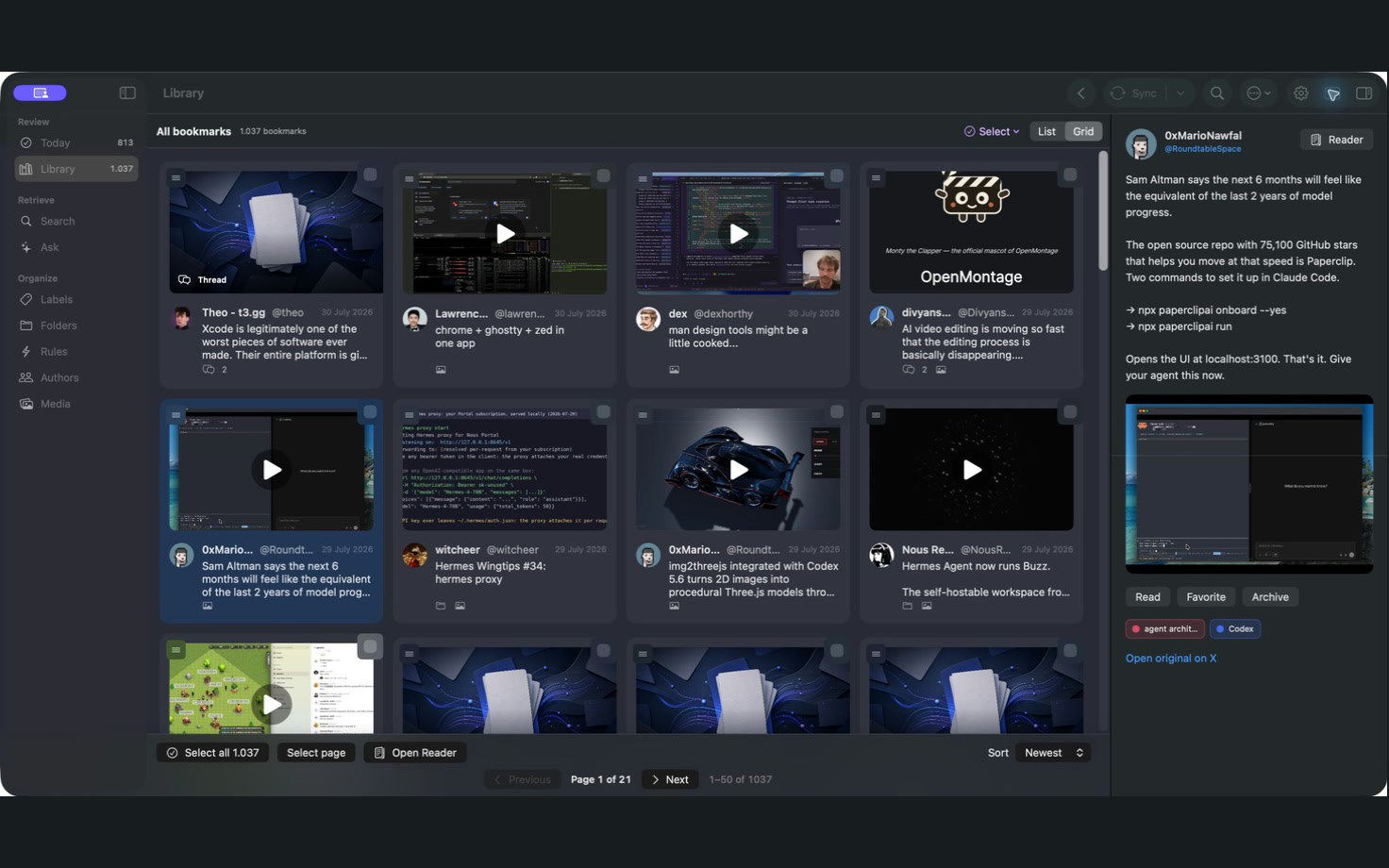 Talon for Mac library in grid view with folders, colored labels, bookmark cards, and a preview panel
