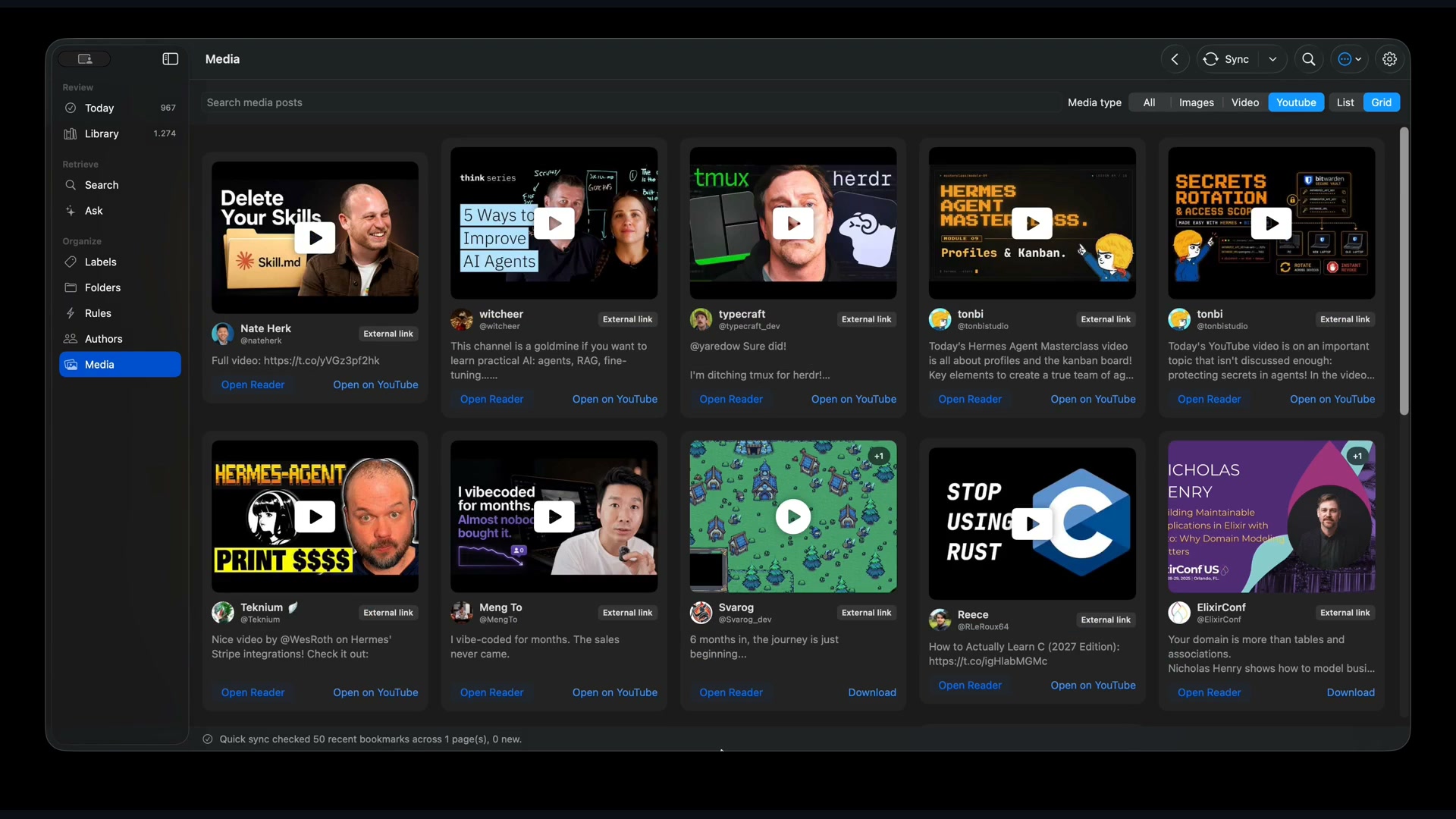 Talon media library showing downloadable videos and image bookmarks