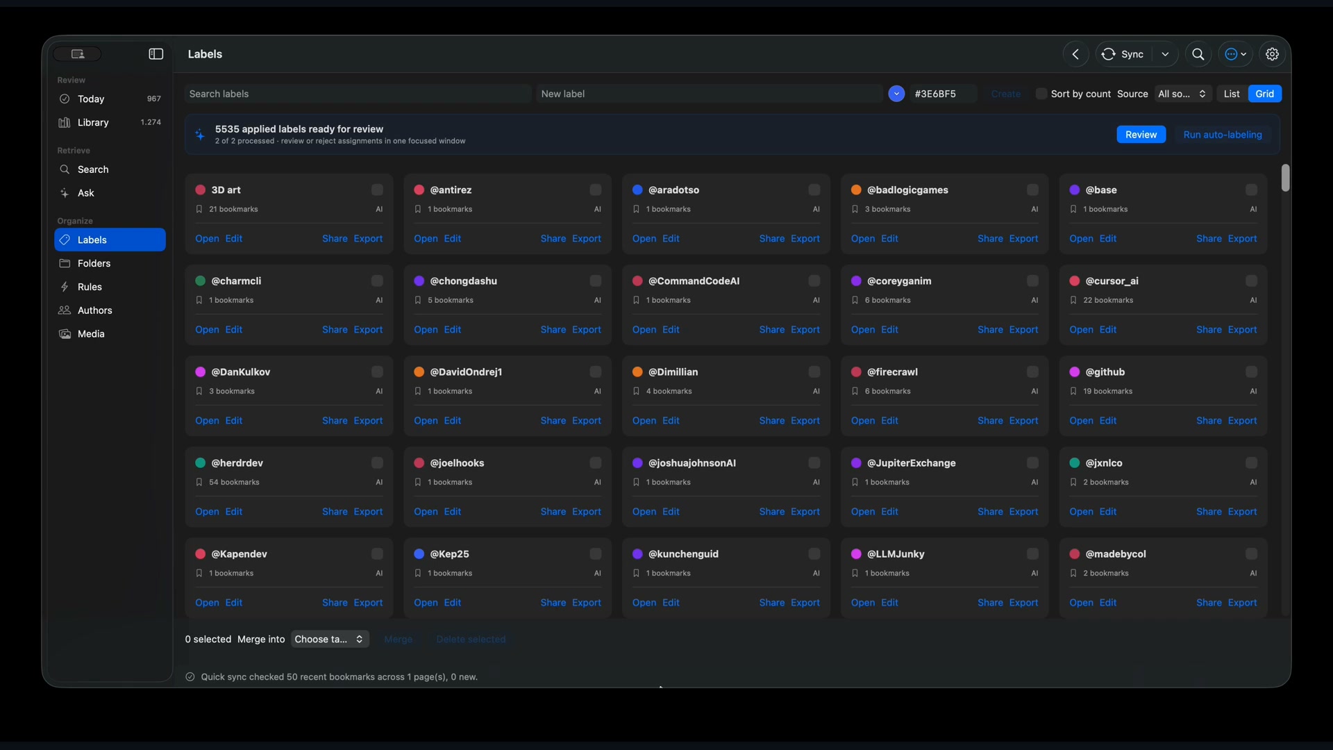 Talon label management with colored labels and automatic organization controls