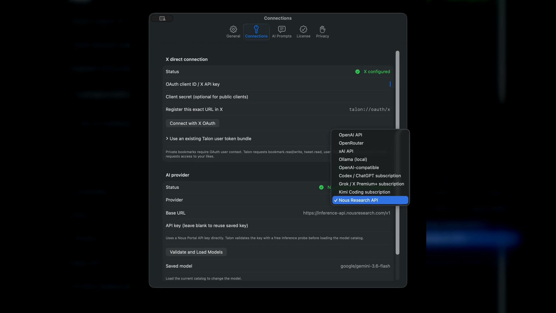 Talon settings showing the AI provider menu with API and subscription choices