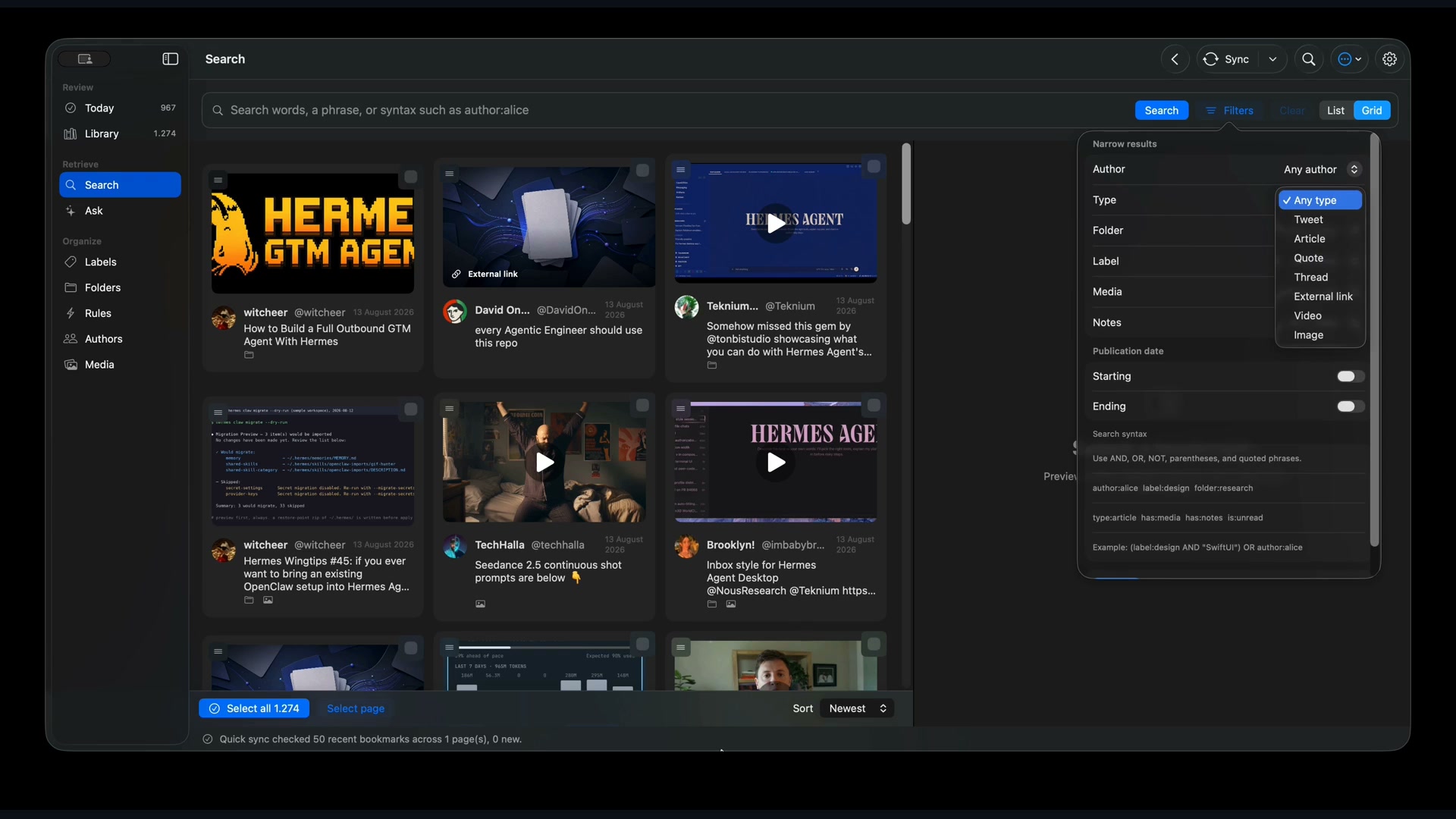 Talon advanced search with visual results and filters for author, type, folder, labels, and dates