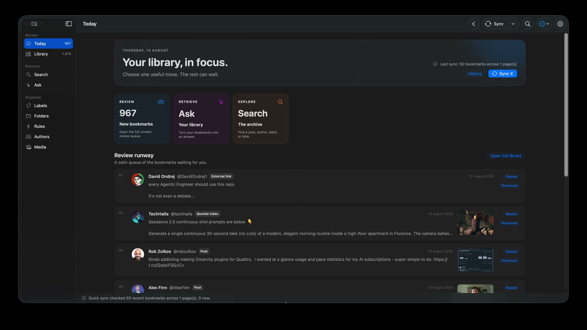 Talon Today view with library statistics, Ask and Search shortcuts, and recent bookmarks