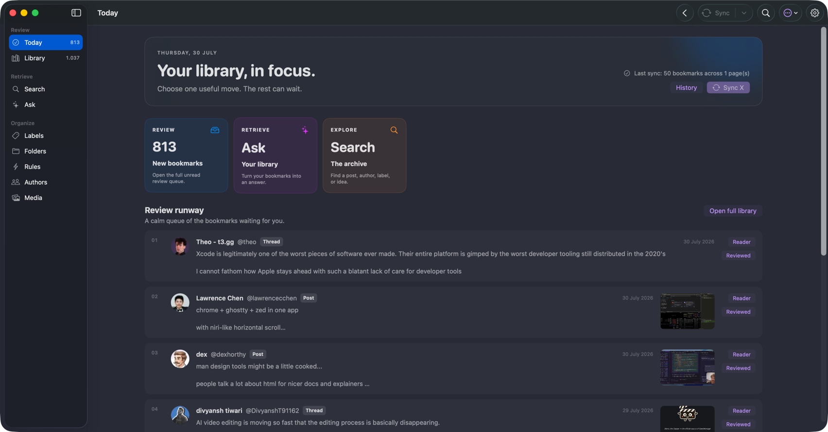 Talon Today view with a focused review runway, sync status, and recent bookmarks